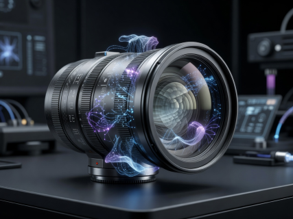 High tech professional camera lens with digital neural graphics overlay